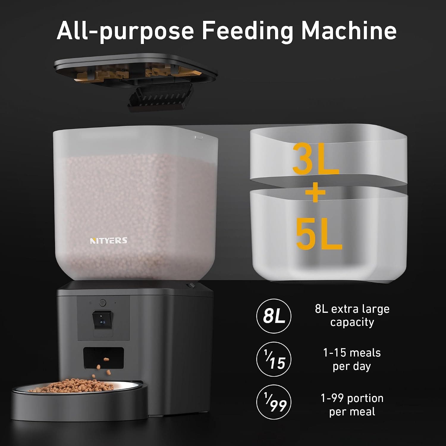 Automatic Dog & Cat Feeder with Camera, 8L/34 Cups, 1080P Night Vision WiFi